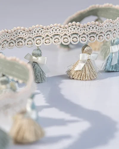 Elysee Tassel Fringe Trim in Cream and Blue Grey – Elegant Lace Curtain Accent