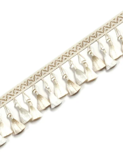 French-style curtain tassel trim in cream and gold with decorative fringe