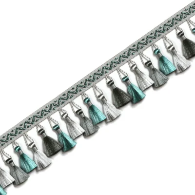 French-style curtain tassel trim in teal and silver with decorative braid
