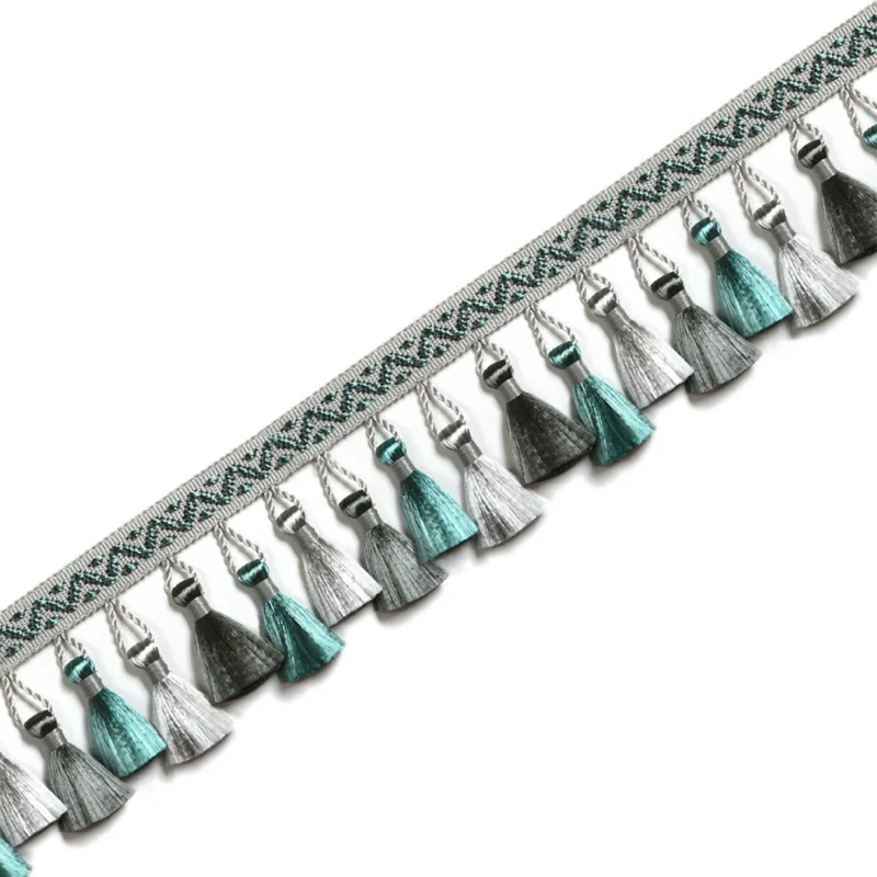 French-style curtain tassel trim in teal and silver with decorative braid
