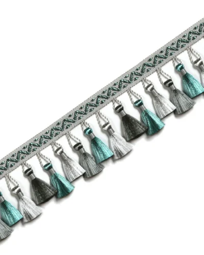 French-style curtain tassel trim in teal and silver with decorative braid