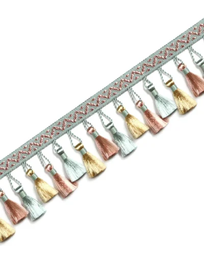 French-style curtain tassel trim in light blue and ivory with woven band