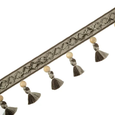 Wood bead tassel trim with forest-inspired colors and woven band – Norwegian Forest style