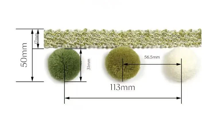 Size diagram of pom tassel trim showing height and spacing in centimeters
