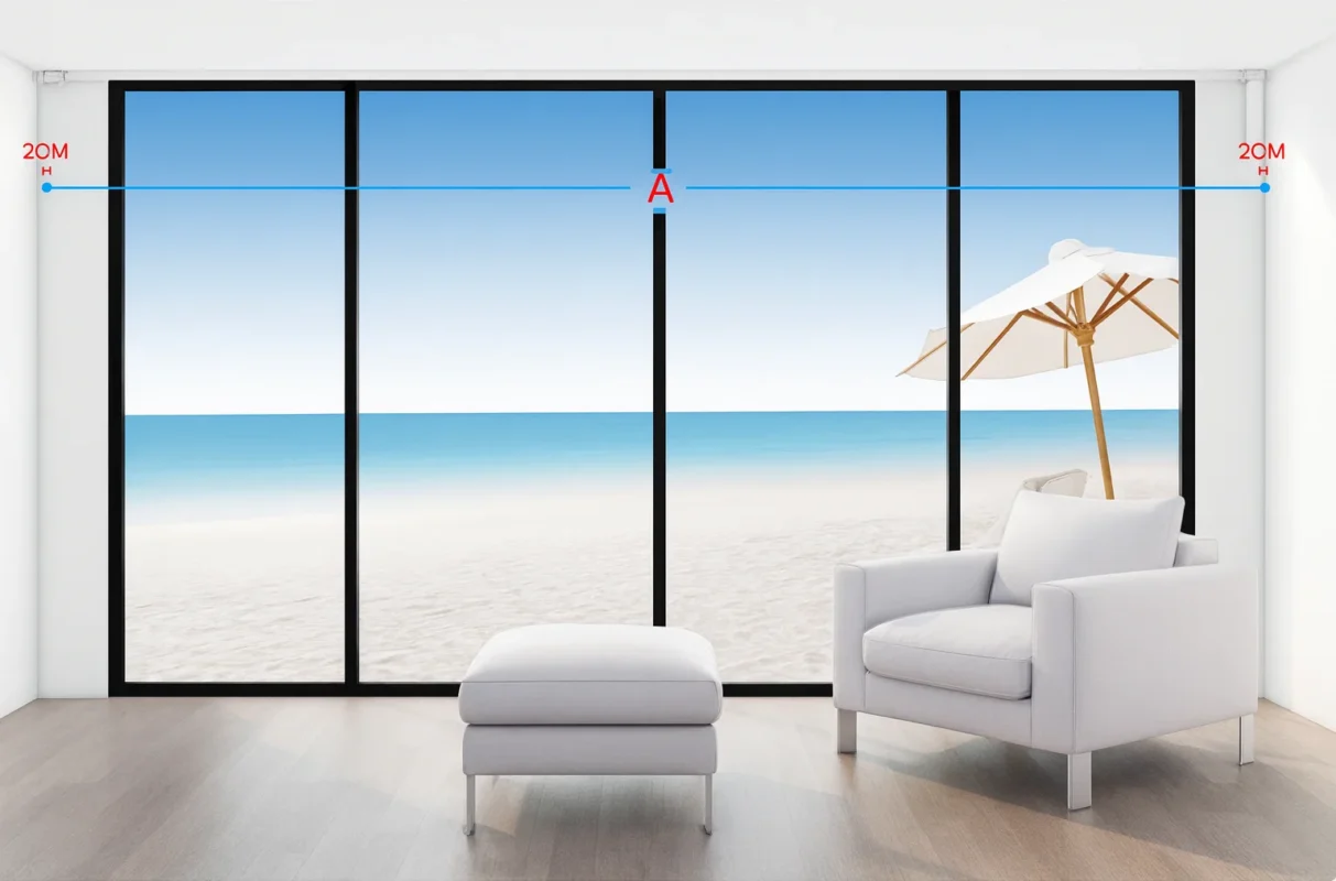 Illustration showing how to measure the finished width for a motorised curtain track across a large window.