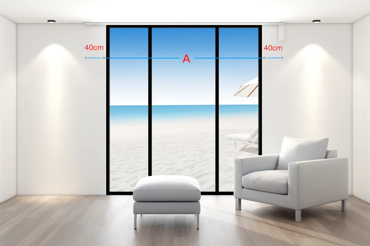 Full-wall width measurement (A) for a smart motorised curtain track across large sliding glass doors.