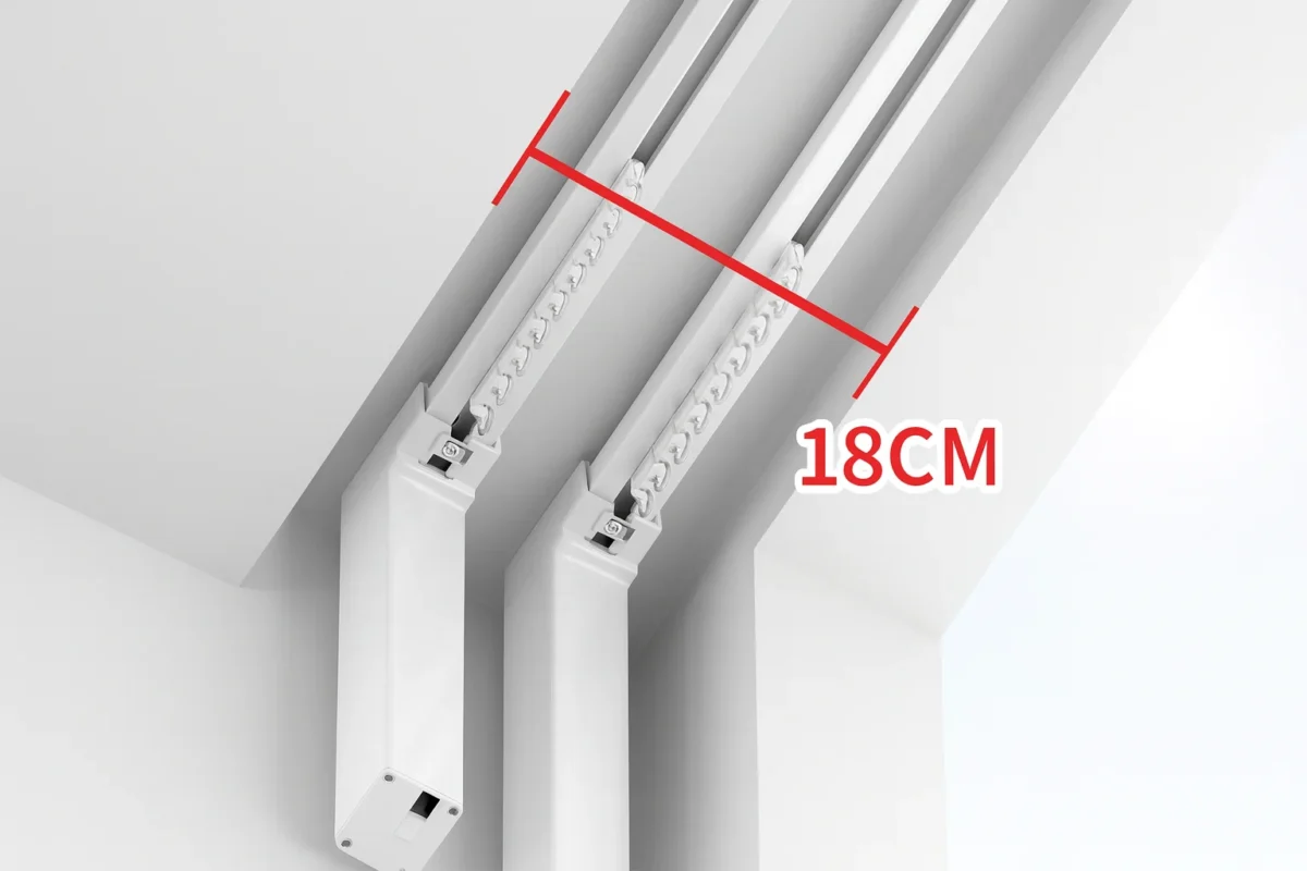 Minimum 18 cm inside clearance required for a double-track motorised curtain system.