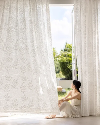 rope embroidered floral sheer curtain in ivory, light-filtering lace with airy drape