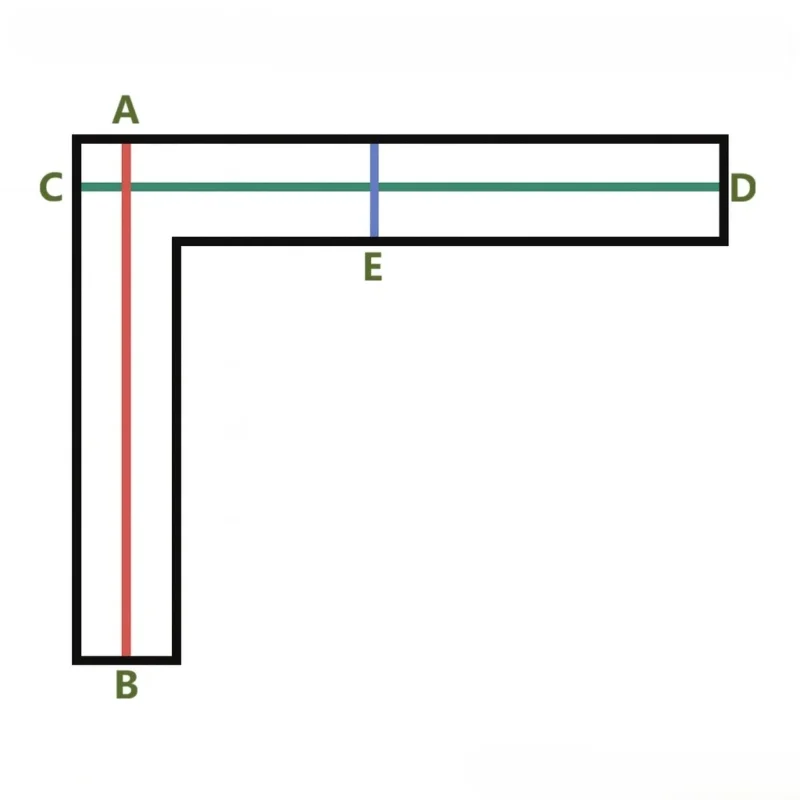 Diagram of an L-shaped curtain track showing how to measure AB, CD and E for both sides and the curtain box width.