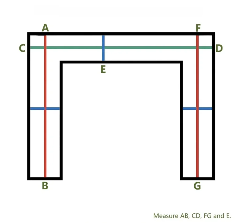 Diagram of a U-shaped curtain track showing how to measure all three sides and the curtain box width for a custom track.