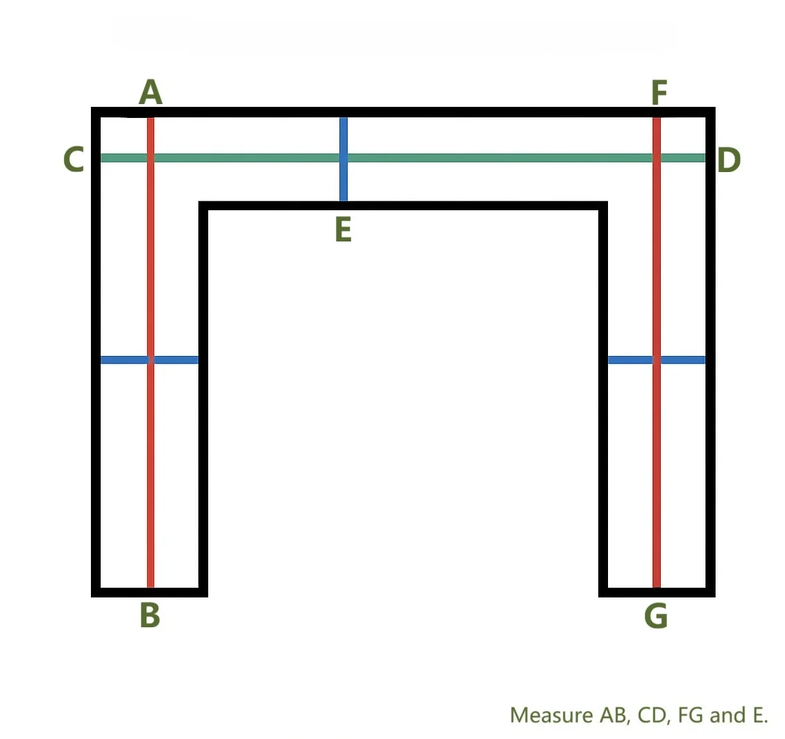 Diagram of a U-shaped curtain track showing how to measure all three sides and the curtain box width for a custom track.
