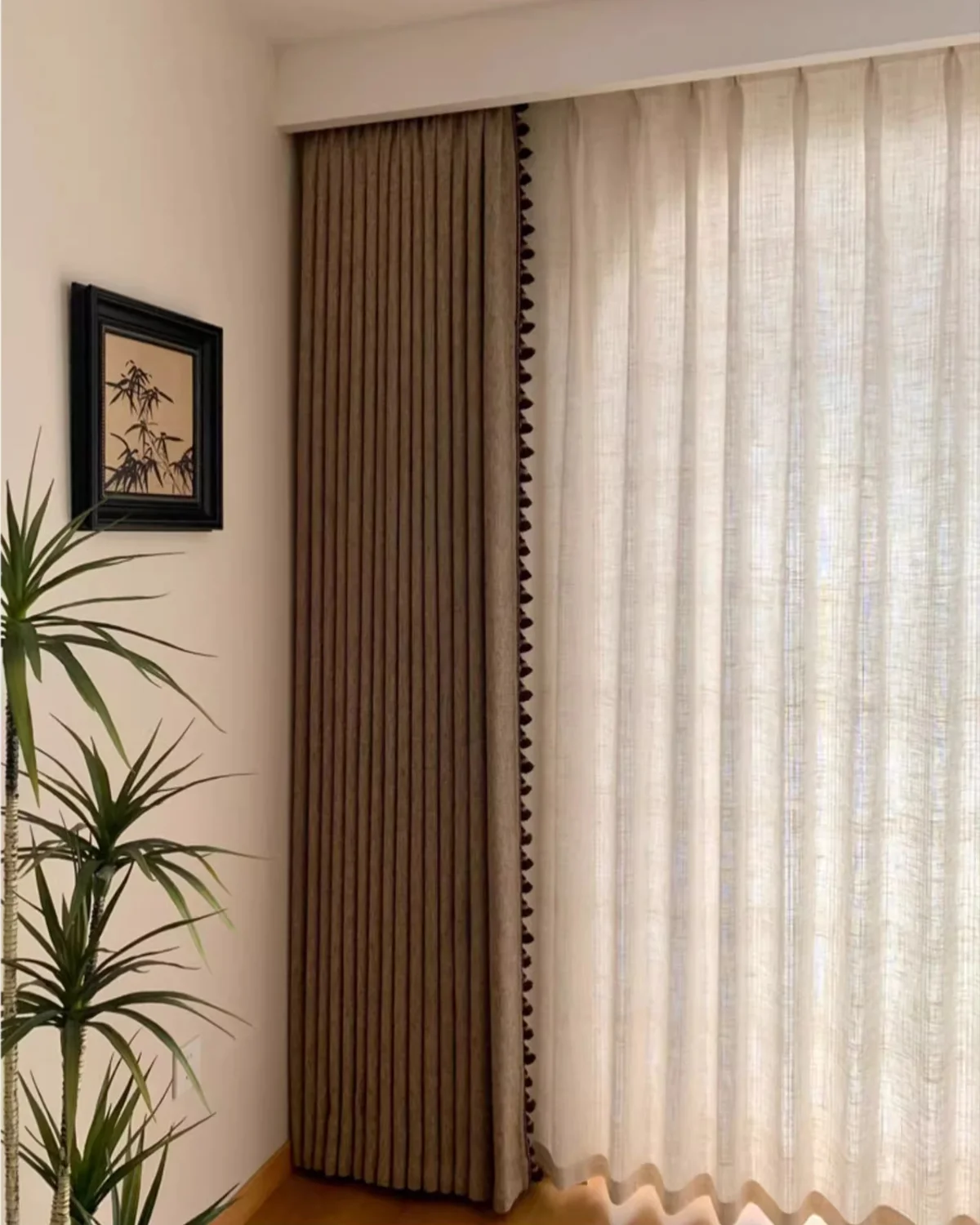 Cocoa jacquard linen-cotton chenille curtain paired with white sheer curtains in a bright room