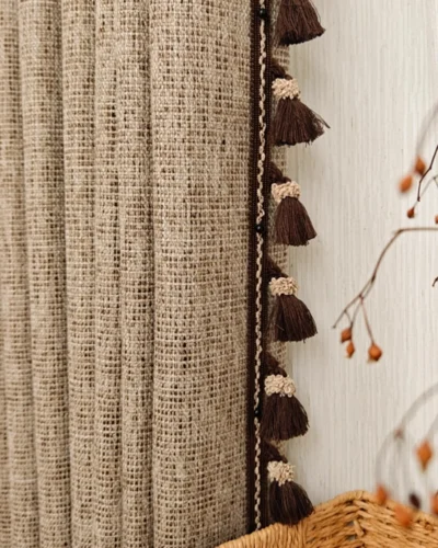 Cocoa fringe jacquard linen-cotton chenille curtain close-up showing textured weave and tassel edge