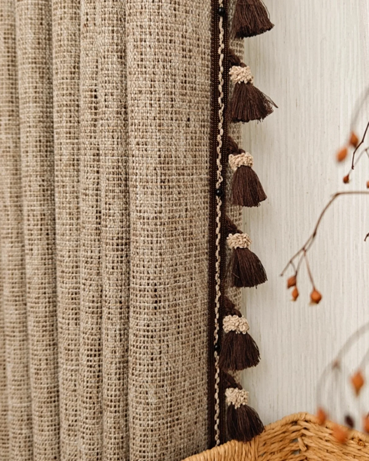 Cocoa fringe jacquard linen-cotton chenille curtain close-up showing textured weave and tassel edge