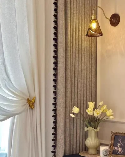 Chenille curtains in cocoa jacquard with tassel fringe edge