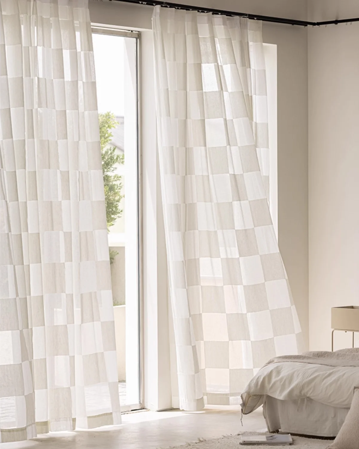 Block Stripe Sheer Curtain – soft beige check voile hanging in a bright bedroom window.