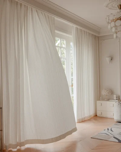 Ridge Texture Curtain – soft cream woven textured curtains in a bright living room