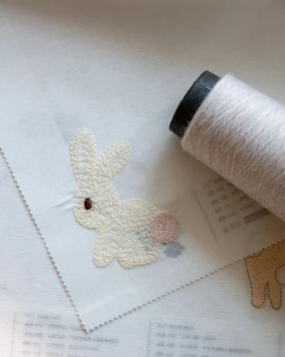 Close-up of embroidered cream bunny motif for Bunny Tail Sheer Curtain on white voile fabric