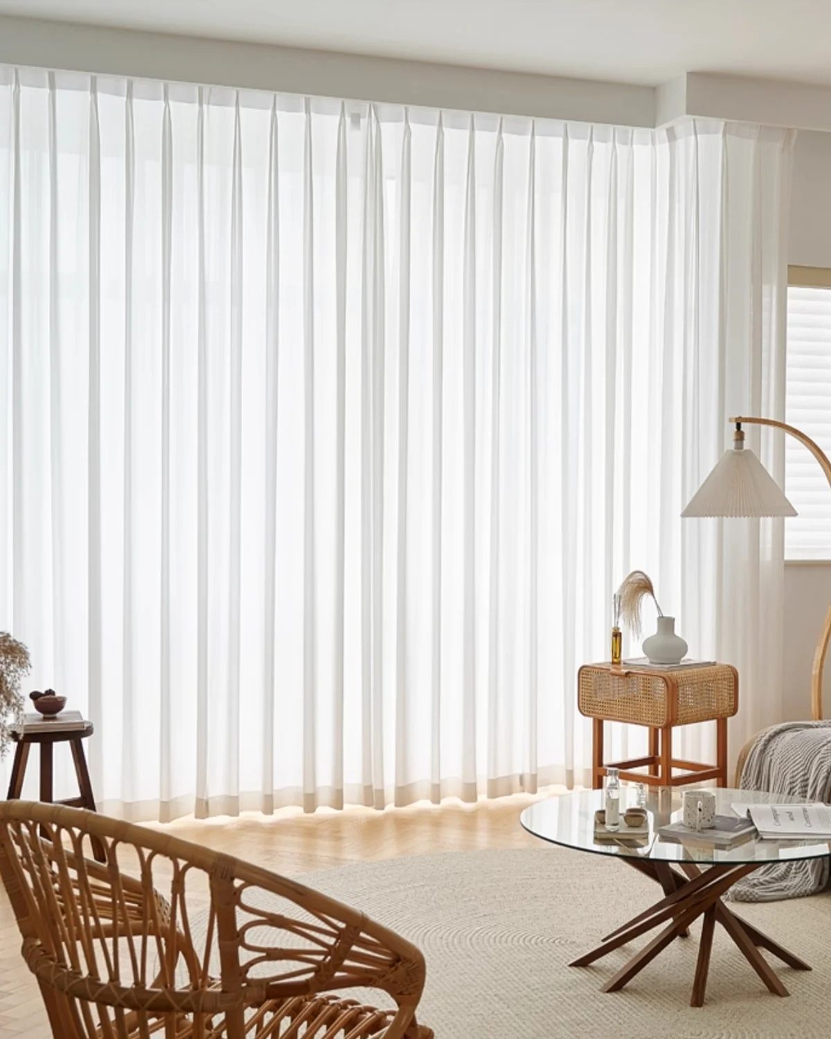 Fine Ridge Texture Curtain in soft matte ivory covering a wide living room window, paired with rattan chairs and modern furniture.