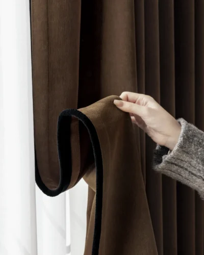 Mocha blackout curtain – soft room-darkening drapes with white sheer behind