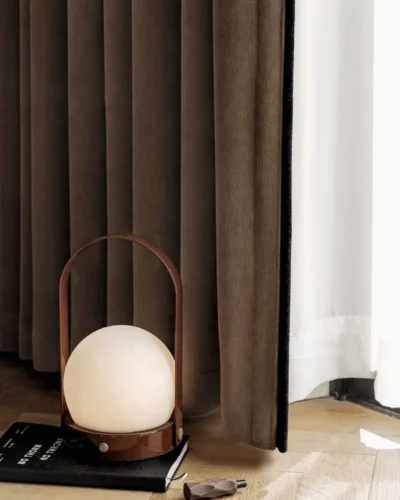 Mocha blackout curtain – soft room-darkening drapes styled with a floor lamp