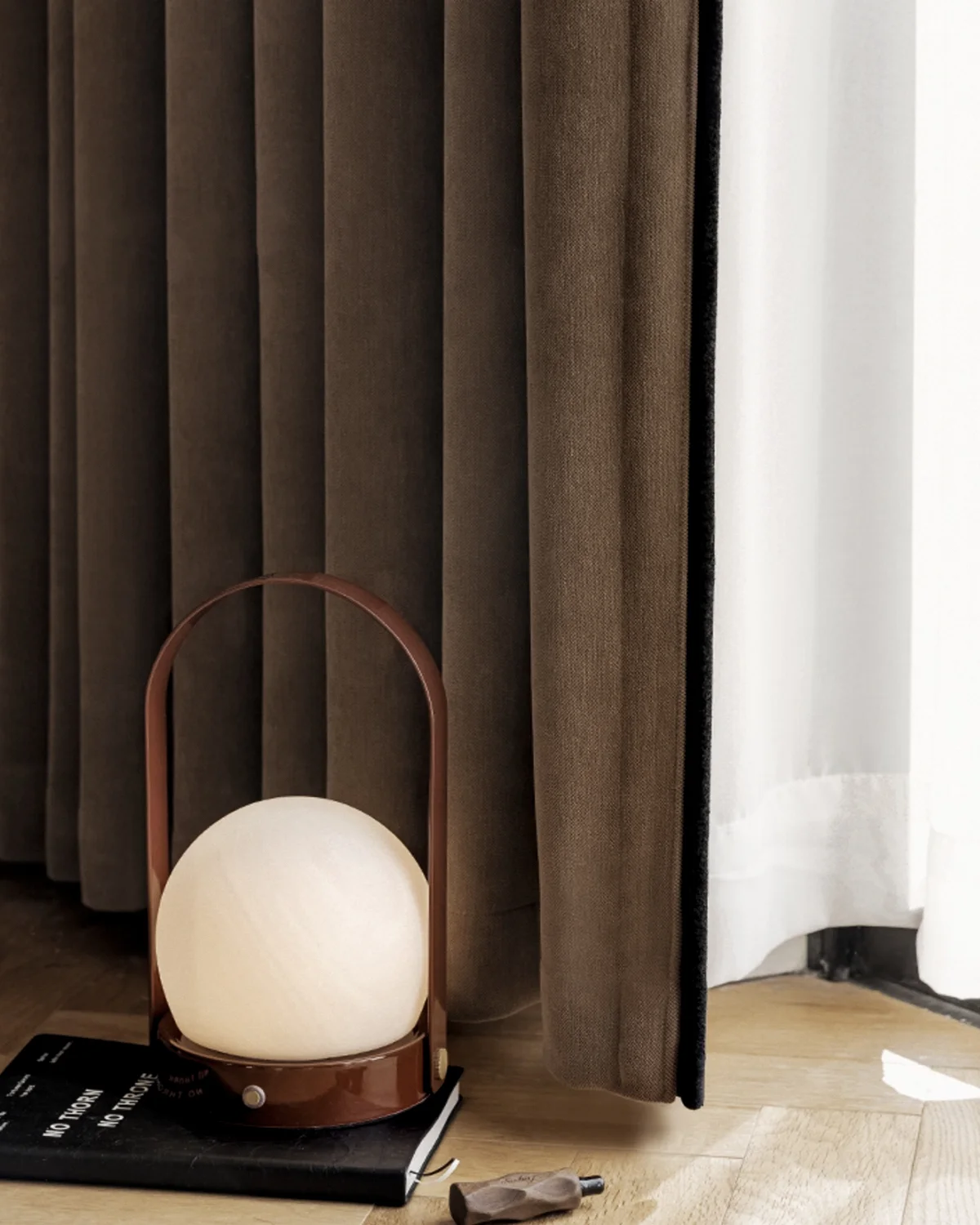 Mocha blackout curtain – soft room-darkening drapes styled with a floor lamp
