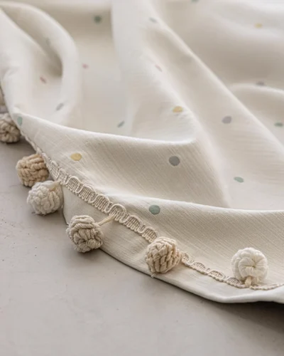 Close-up of the Macaron Dot Pom Pom Curtain showing soft cream textured fabric, pastel macaron dots and crochet pom pom trim along the hem.