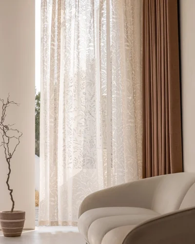 Cinnamon Herringbone Blackout Curtain in living room – warm brown drape paired with sheer curtain for privacy and light control
