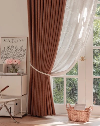 Milk Tea Cloud Curtain – milk tea beige drape with sheer curtain tieback, soft light and privacy window styling