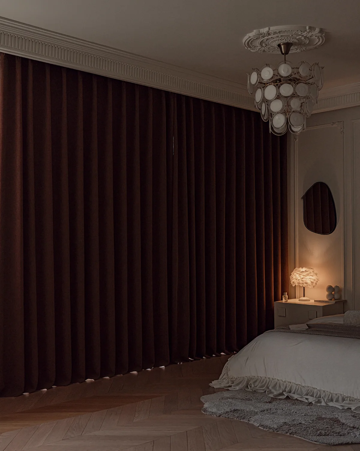 Cinnamon herringbone blackout curtains in bedroom – warm brown full blackout drapes for privacy and light control