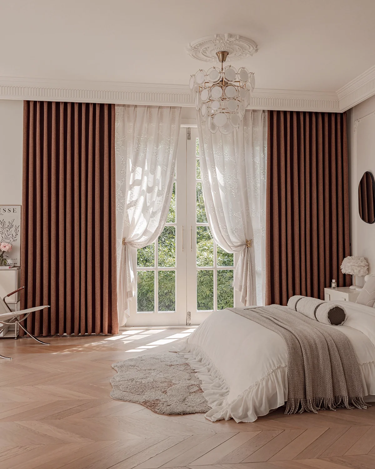 Milk Tea Cloud Curtain in bedroom – milk tea beige curtains with sheer center panel, soft light and privacy