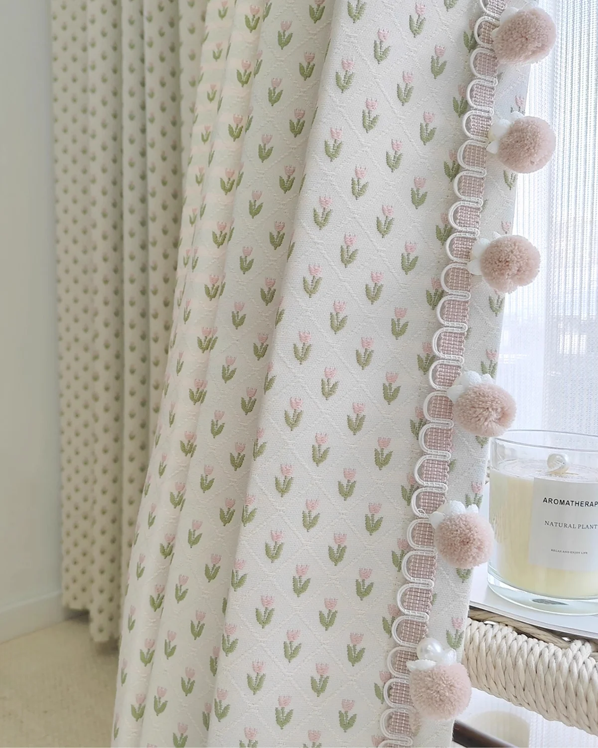 Embroidered curtains with petite floral grid and pom pom trim