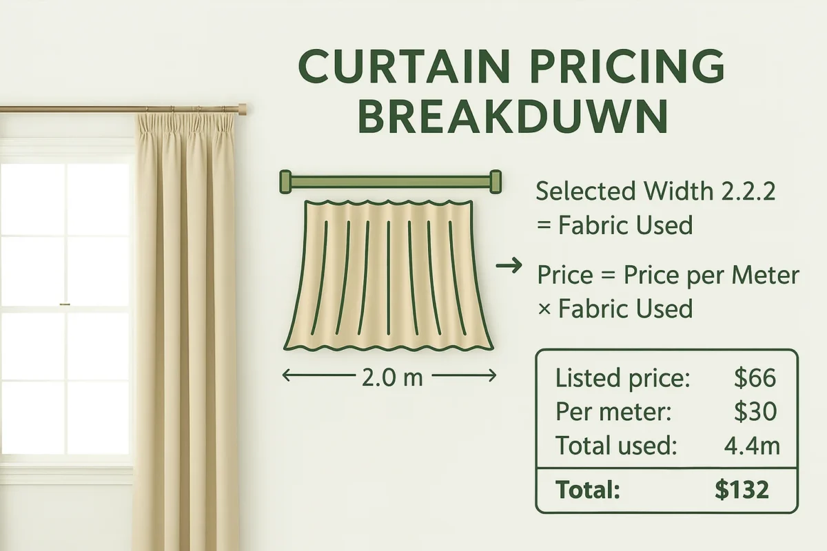 Curtain pricing breakdown infographic showing fabric calculation and final cost for 2.0-meter curtain width with 2.2x fullness ratio.