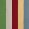 Multicolor curtain fabric swatch with vertical stripes in red, green, ivory, yellow, and blue.