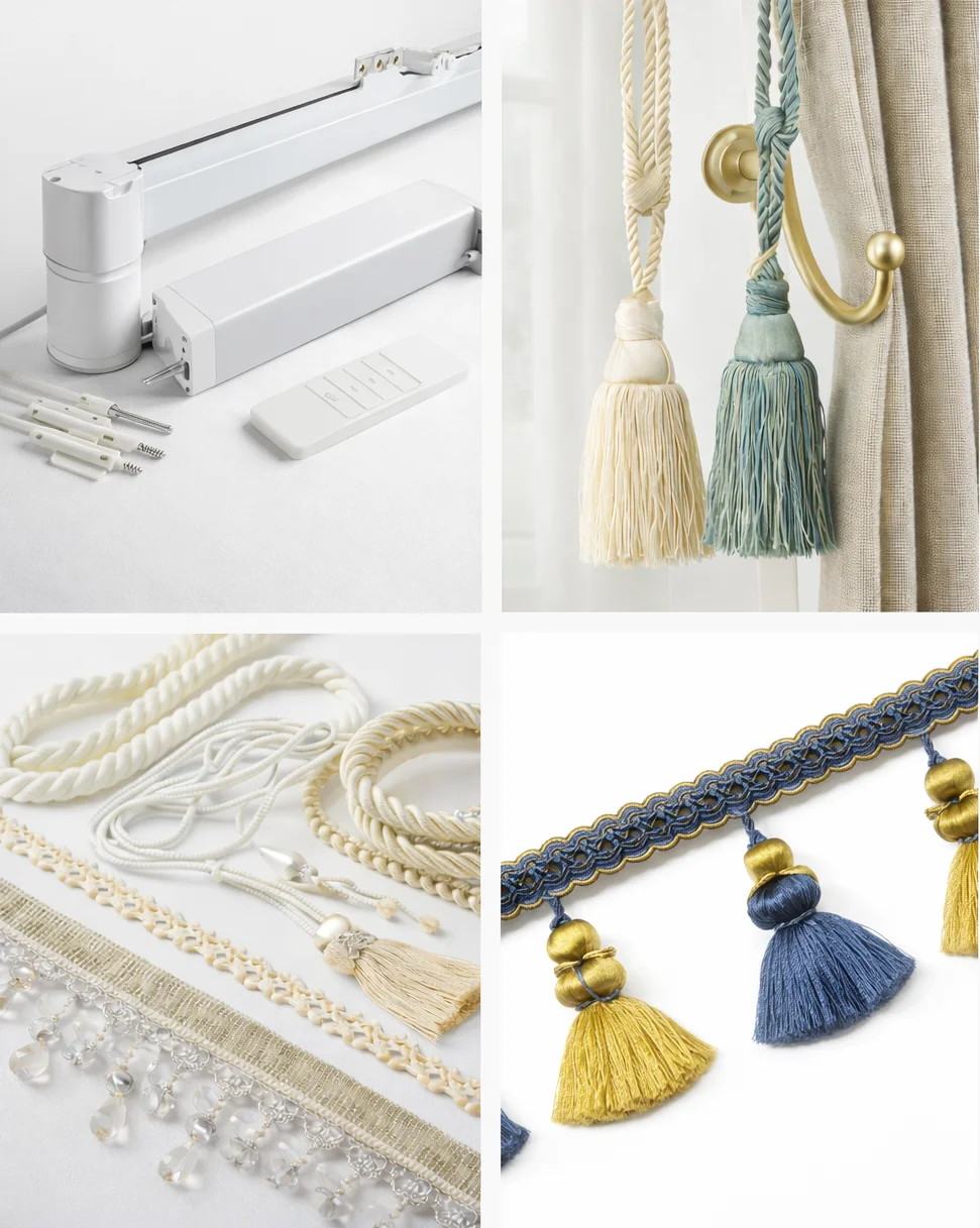 Collage of curtain accessories including motorized curtain track, decorative tiebacks, trims, cords and tassel fringe details