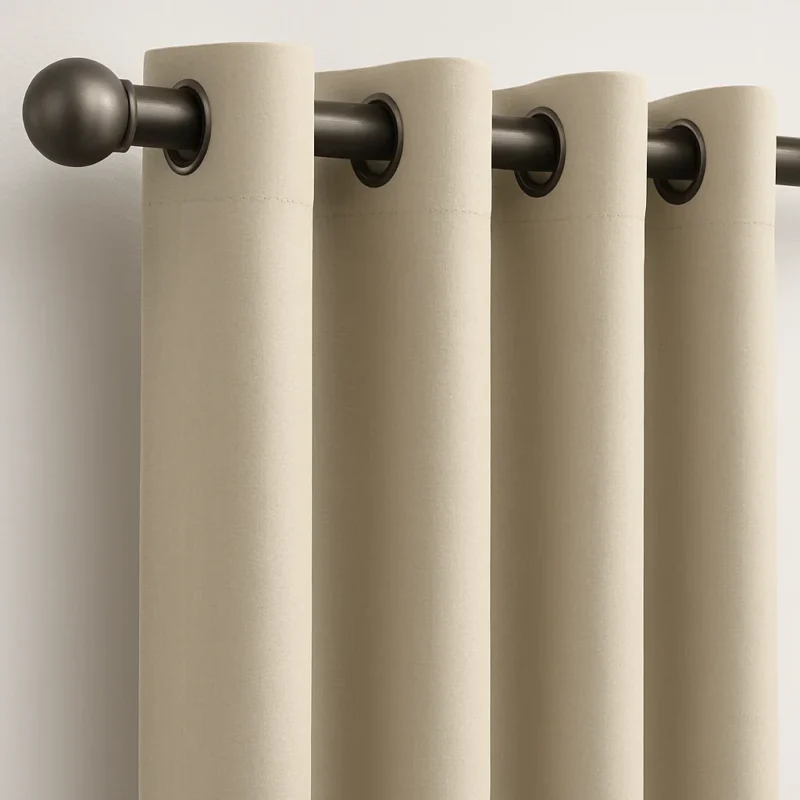 Beige curtain with grommet top design hung directly on a black rod