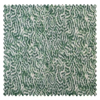 Close-up of Floral Realm Green Curtain fabric with botanical jacquard pattern
