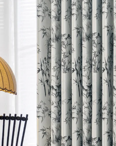 Ink bamboo curtain with vertical pleats and brushstroke bamboo pattern in soft light