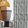 Ink bamboo curtain hanging with brushstroke bamboo pattern and soft pleats in a modern interior
