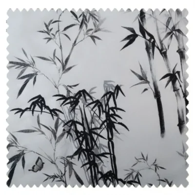 Fabric swatch of ink bamboo curtain with black brushstroke bamboo pattern on light background
