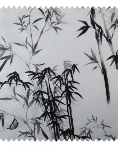 Fabric swatch of ink bamboo curtain with black brushstroke bamboo pattern on light background