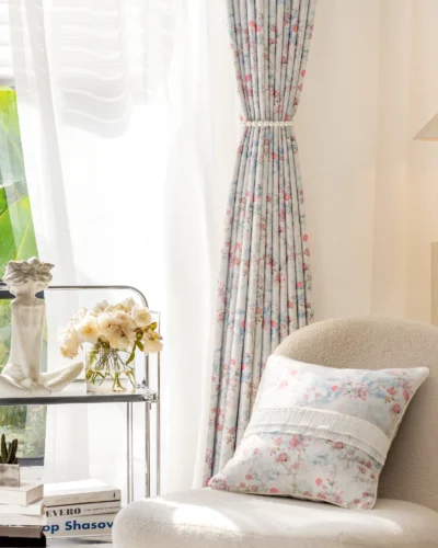 Bird and floral curtain styled in a bright vintage room with natural light and pastel accents