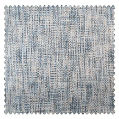 Woven print curtain fabric sample in deep indigo and beige with faux textured design