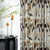 bold abstract floral curtain in living room close-up