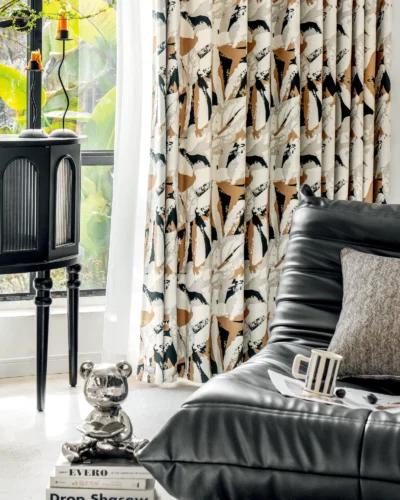 bold abstract floral curtain in living room close-up