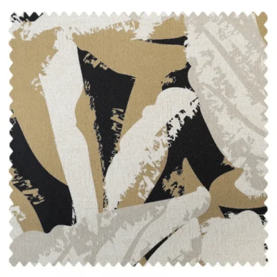 Bold abstract floral curtain fabric in neutral beige, black, and ochre tones – Painter’s Bloom Curtain swatch.