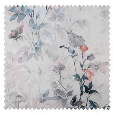 Watercolor floral fabric swatch featuring dreamy meadow-inspired flowers in soft blue, pink, and grey tones – ideal for elegant curtain design
