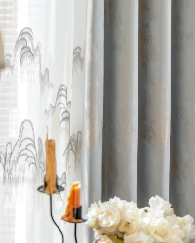 Zen Bamboo Curtain close-up with soft bamboo pattern and ink wash texture in a modern room
