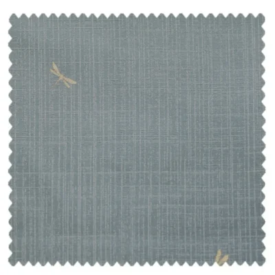 Close-up of Dragonfly Whisper Curtain fabric with subtle dragonfly embroidery on a high-density minimal weave.