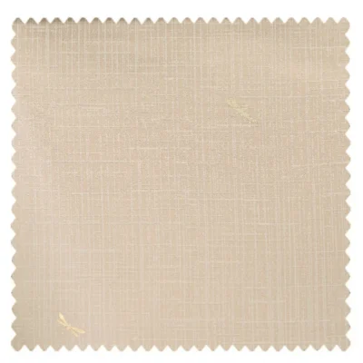 Close-up of beige high-density curtain fabric with delicate dragonfly embroidery.